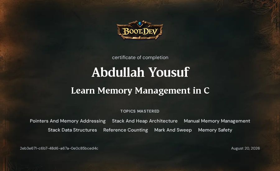 Abdullah Yousuf's Boot.dev Learn Memory Management in C certificate
