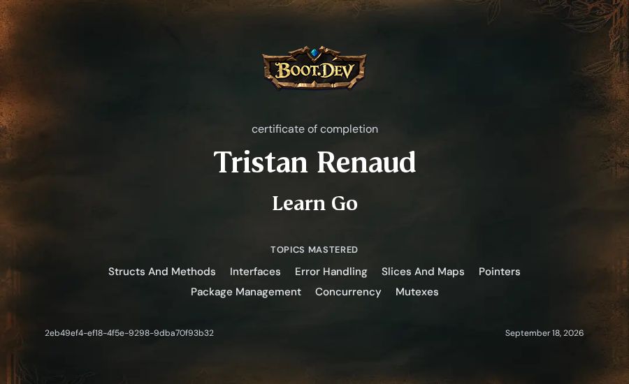 Tristan Renaud's Boot.dev Learn Go certificate