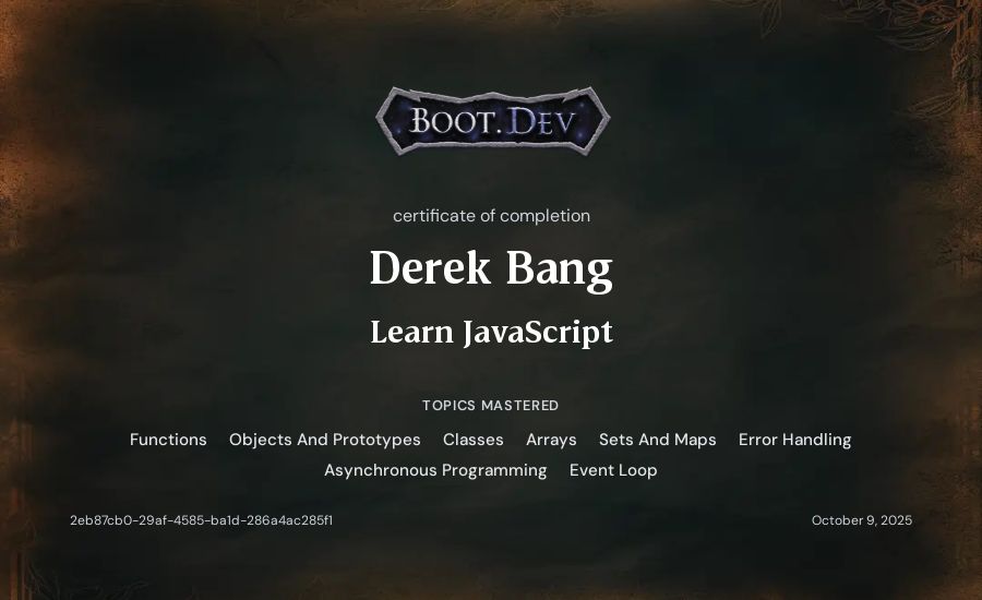 Derek Bang's Boot.dev Learn JavaScript certificate
