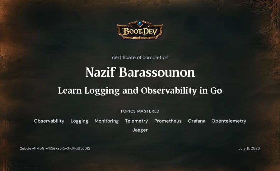 Nazif Barassounon's Boot.dev Learn Logging and Observability in Go certificate