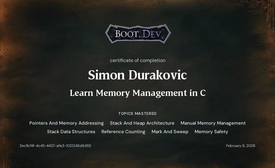 Simon's Boot.dev Learn Memory Management in C certificate