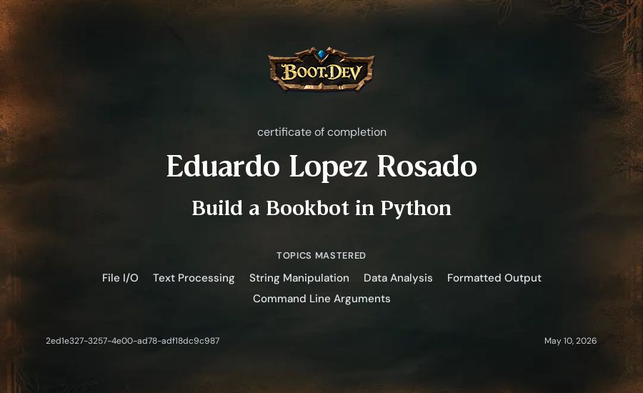 Eduardo Lopez Rosado's Boot.dev Build a BookBot in Python certificate