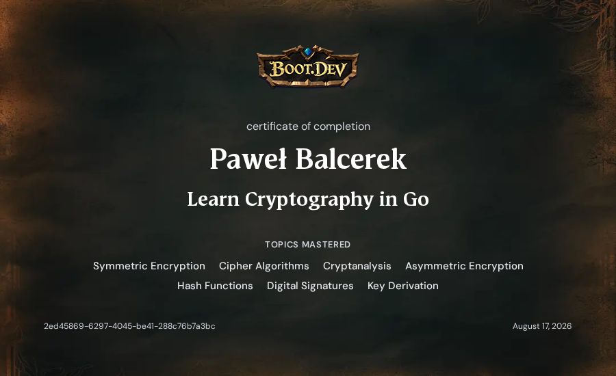 Paweł Balcerek's Boot.dev Learn Cryptography in Go certificate