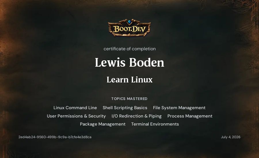 Lewis Boden's Boot.dev Learn Linux certificate