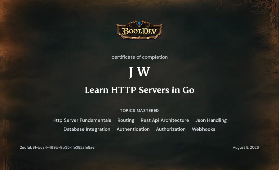 J W's Boot.dev Learn HTTP Servers in Go certificate