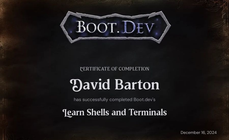 David Barton's Boot.dev Learn Linux certificate