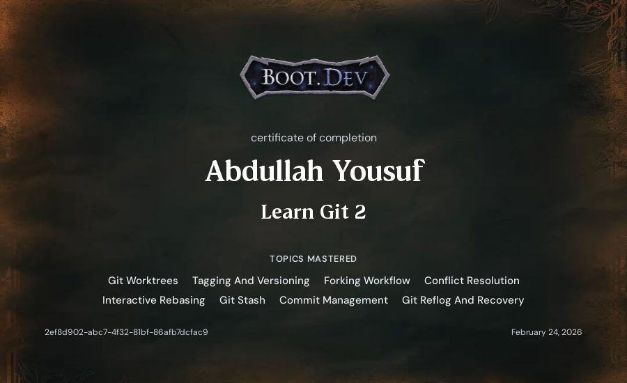 Abdullah Yousuf's Boot.dev Learn Git 2 certificate