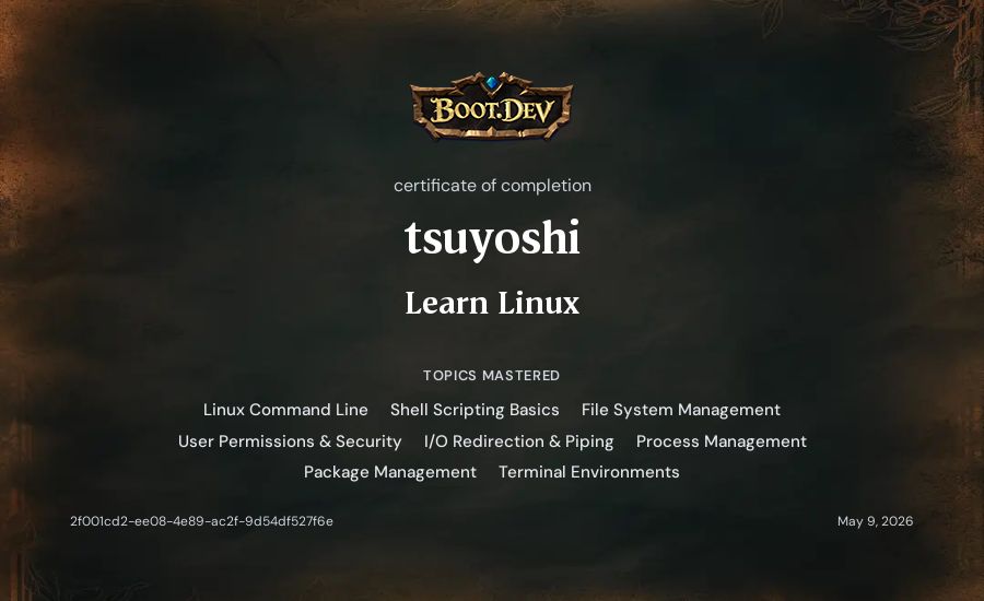 Tsuyoshi's Boot.dev Learn Linux certificate