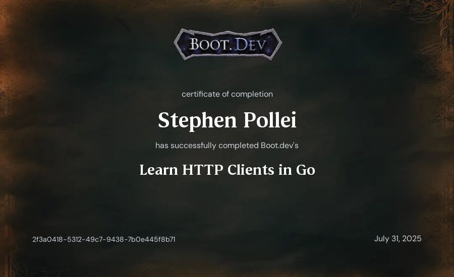 Stephen Pollei's Boot.dev Learn HTTP Clients in Go certificate