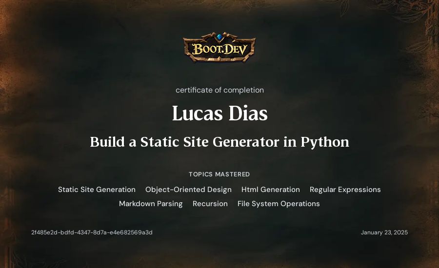 Lucas Dias's Boot.dev Build a Static Site Generator in Python certificate