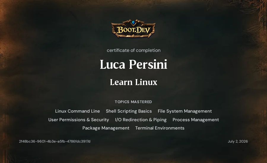 Luca Persini's Boot.dev Learn Linux certificate