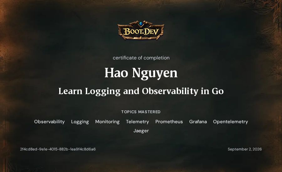 Hao Nguyen's Boot.dev Learn Logging and Observability in Go certificate