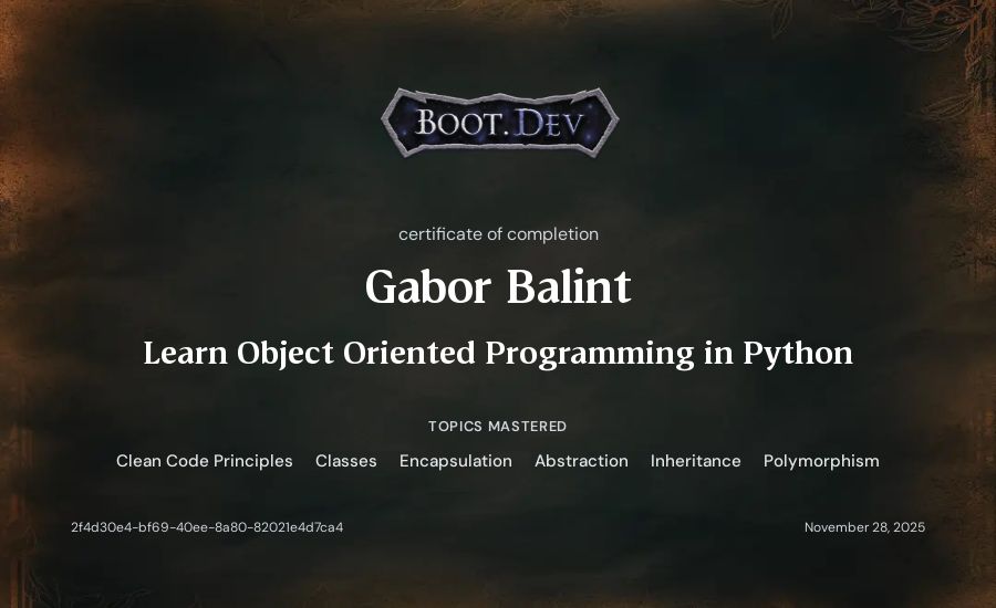 Gabor Balint's Boot.dev Learn Object Oriented Programming in Python certificate