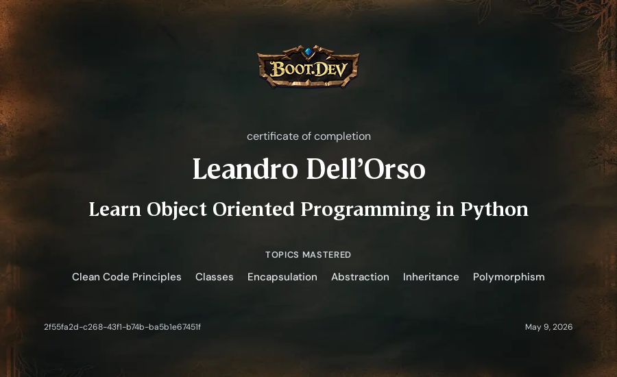Leandro Dell'Orso's Boot.dev Learn Object Oriented Programming in Python certificate