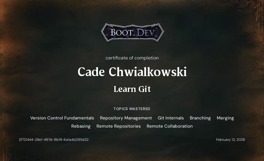 Cade Chwialkowski's Boot.dev Learn Git certificate