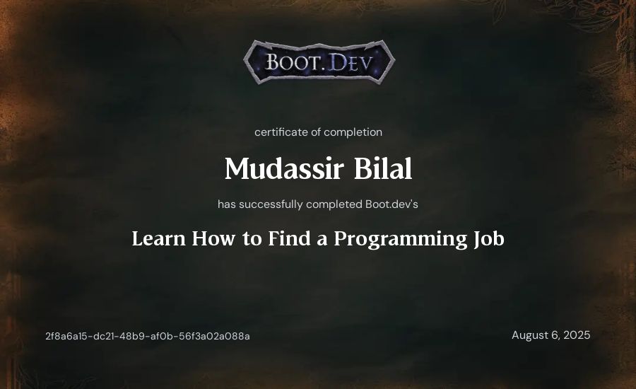 Mudassir Bilal's Boot.dev Learn How to Find a Programming Job certificate