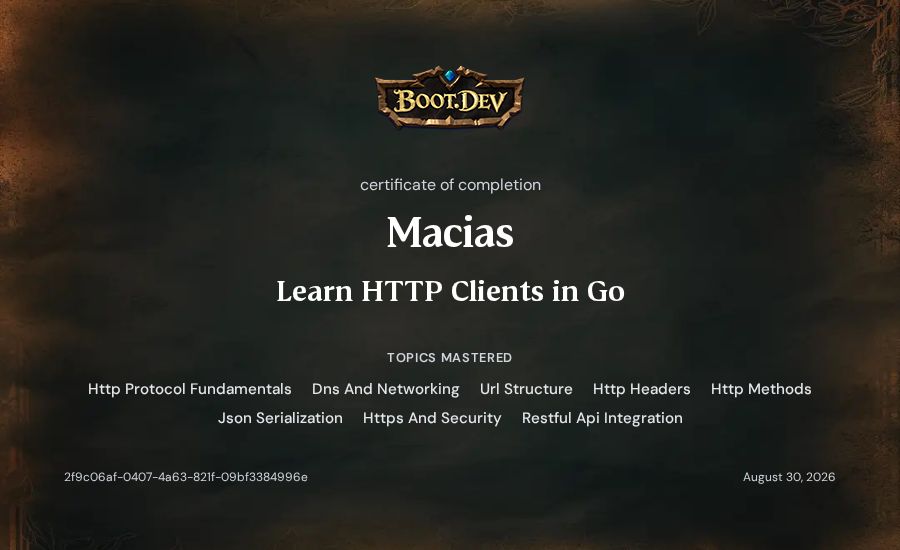 Macias's Boot.dev Learn HTTP Clients in Go certificate