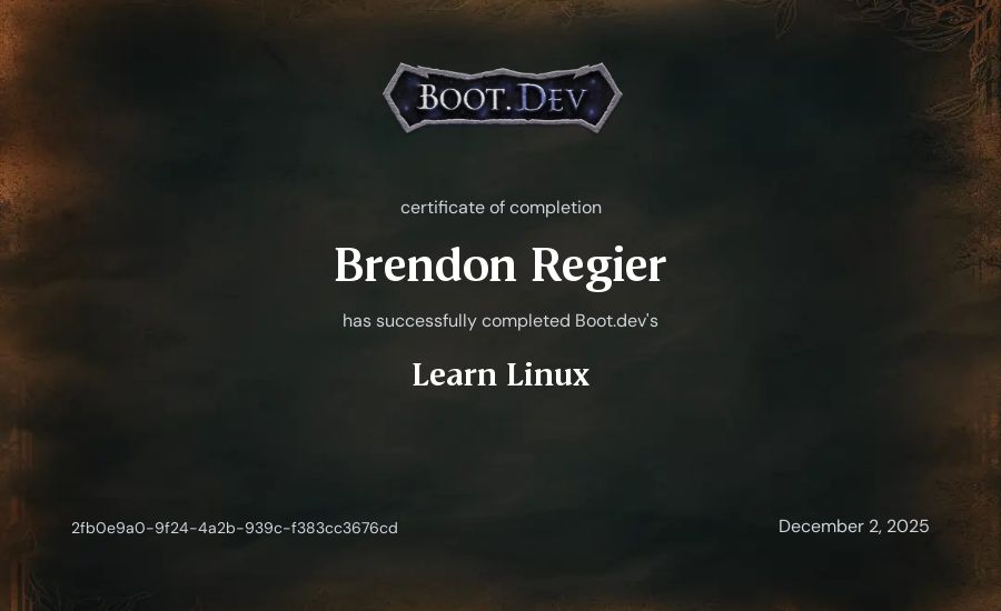Brendon Regier's Boot.dev Learn Linux certificate