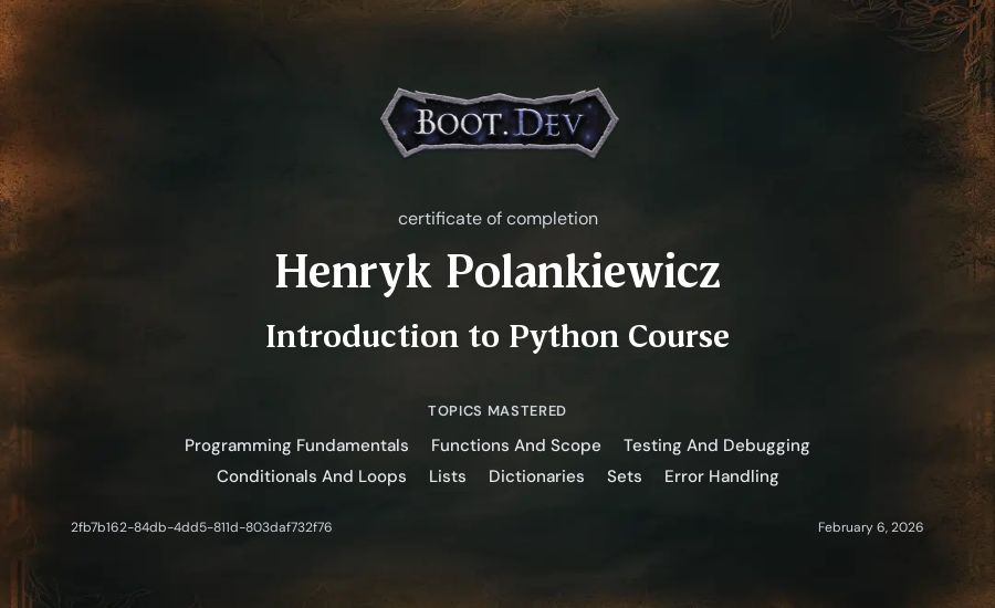 Henryk Polankiewicz's Boot.dev Introduction to Python Course certificate