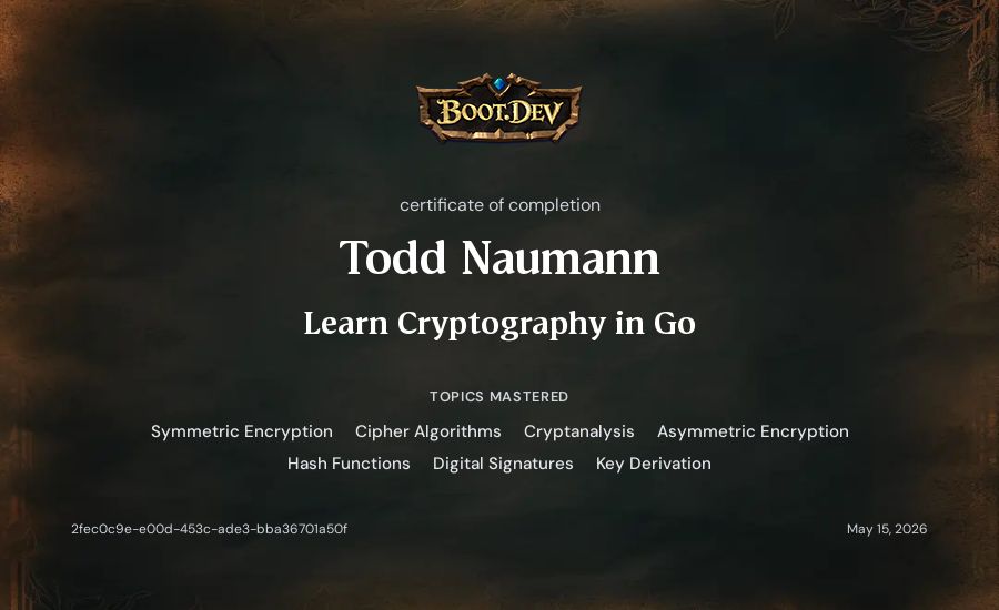 Todd Naumann's Boot.dev Learn Cryptography in Go certificate