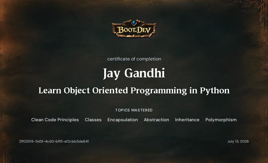 Jay Gandhi's Boot.dev Learn Object Oriented Programming in Python certificate