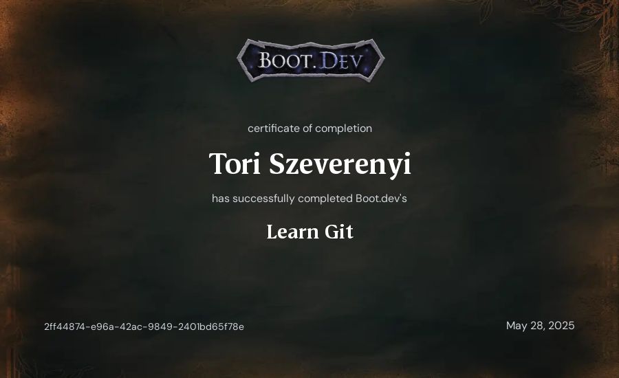Tori Szeverenyi's Boot.dev Learn Git certificate