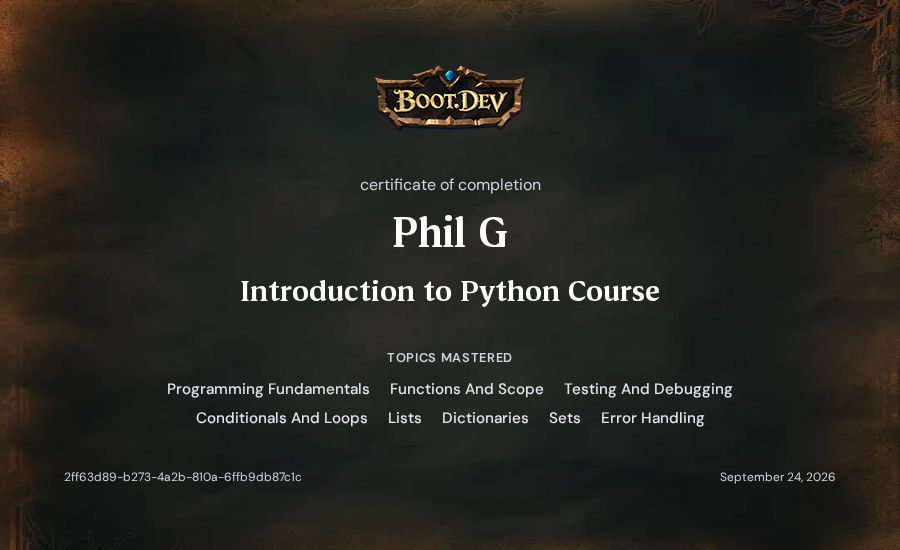 Phil G's Boot.dev Introduction to Python Course certificate