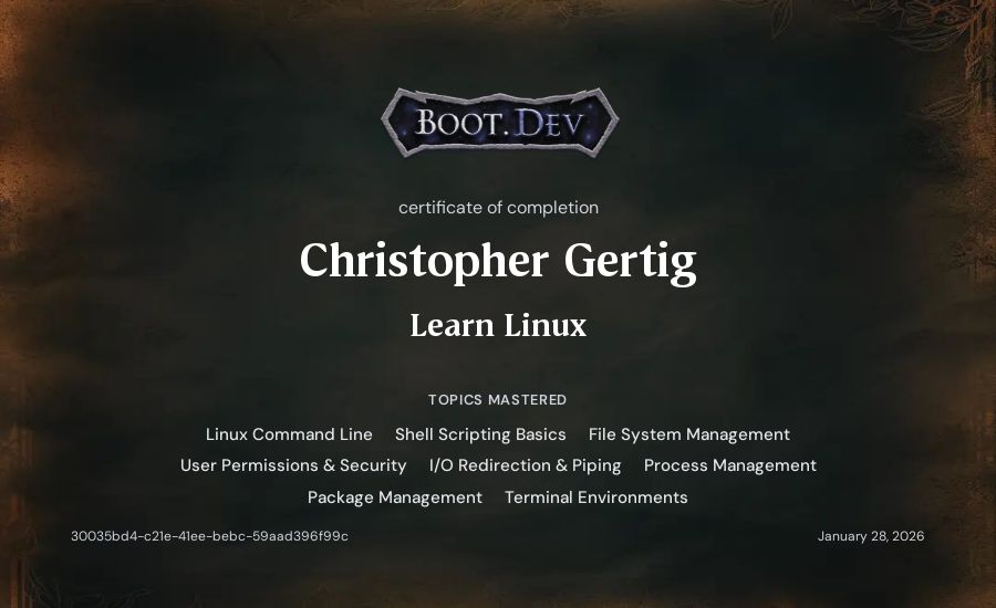 Christopher Gertig's Boot.dev Learn Linux certificate