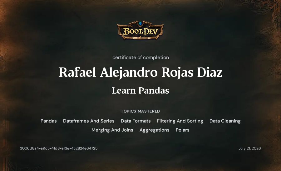 Rafael Alejandro Rojas Diaz's Boot.dev Learn Pandas certificate