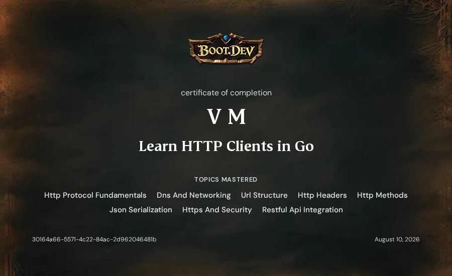 V M's Boot.dev Learn HTTP Clients in Go certificate