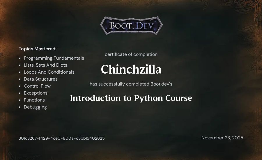 Chinchzilla's Boot.dev Introduction to Python Course certificate