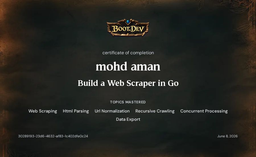 mohd aman's Boot.dev Build a Web Scraper in Go certificate
