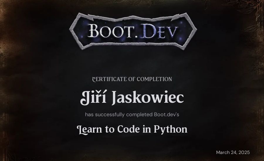 Jiří Jaskowiec's Boot.dev Introduction to Python Course certificate