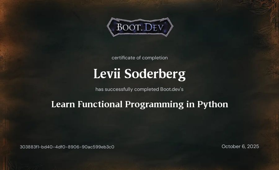 Levii Soderberg's Boot.dev Learn Functional Programming in Python certificate