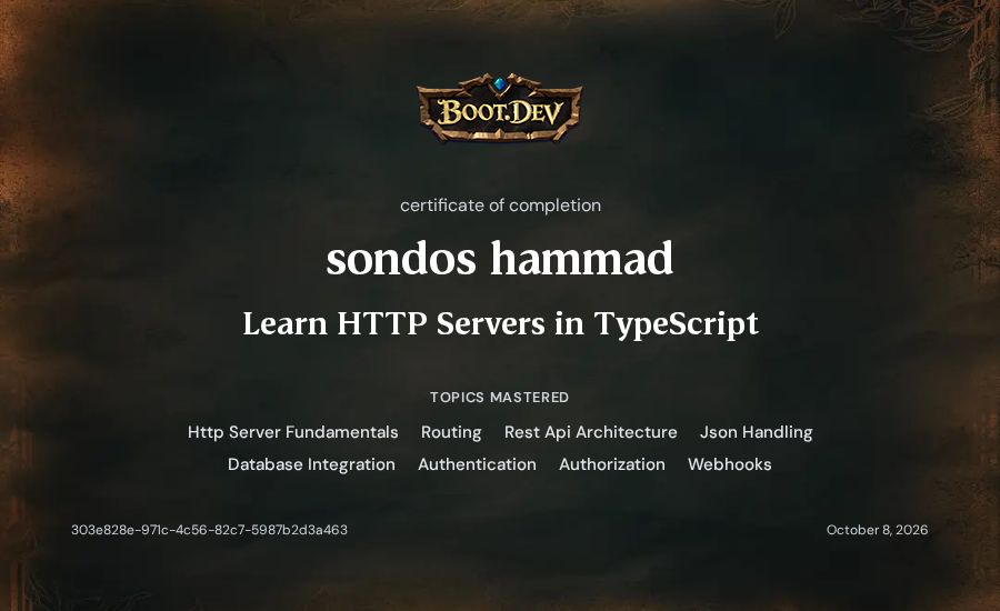 sondos hammad's Boot.dev Learn HTTP Servers in TypeScript certificate