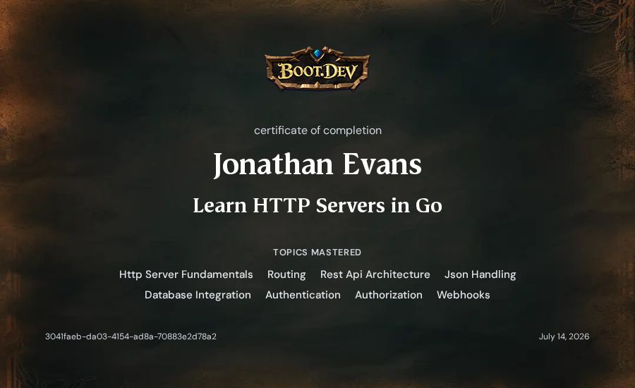 Jonathan Evans's Boot.dev Learn HTTP Servers in Go certificate