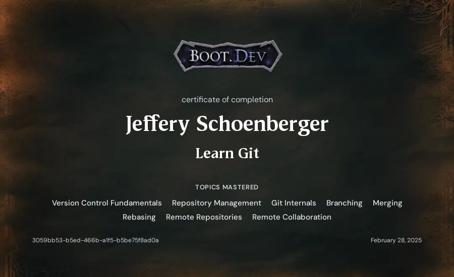 Jeff Schoenberger's Boot.dev Learn Git certificate