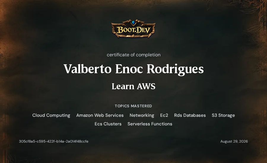 Valberto Enoc Rodrigues's Boot.dev Learn AWS certificate