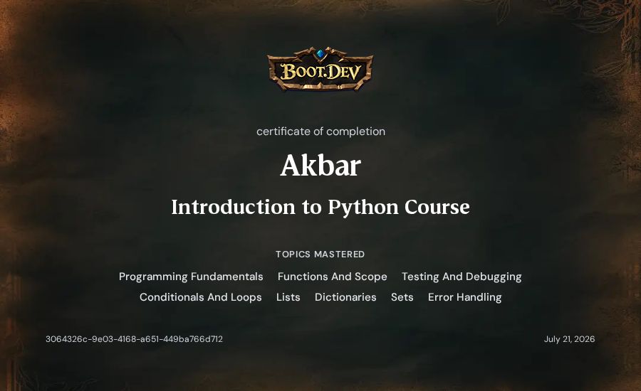 Akbar's Boot.dev Introduction to Python Course certificate