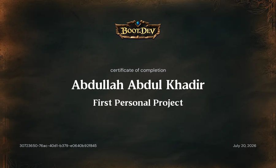 Abdullah Abdul Khadir's Boot.dev First Personal Project certificate
