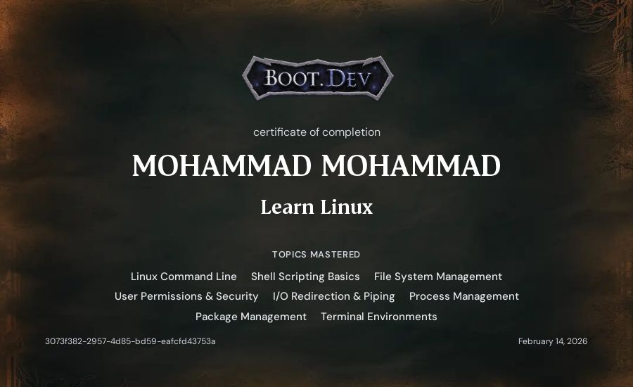 MOHAMMAD MOHAMMAD's Boot.dev Learn Linux certificate