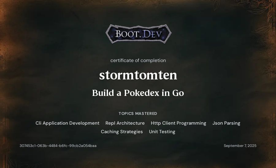 stormtomten's Boot.dev Build a Pokedex in Go certificate