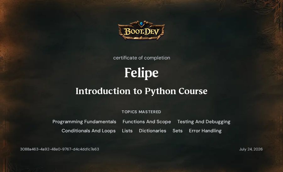 Felipe's Boot.dev Introduction to Python Course certificate