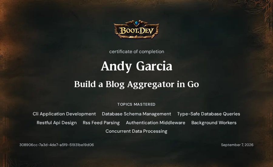 Andy Garcia's Boot.dev Build a Blog Aggregator in Go certificate