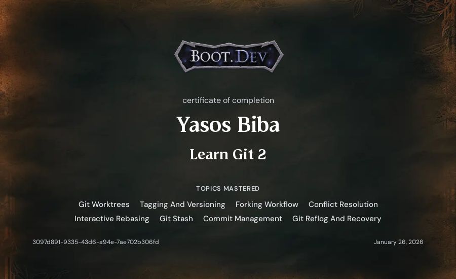 Yasos Biba's Boot.dev Learn Git 2 certificate