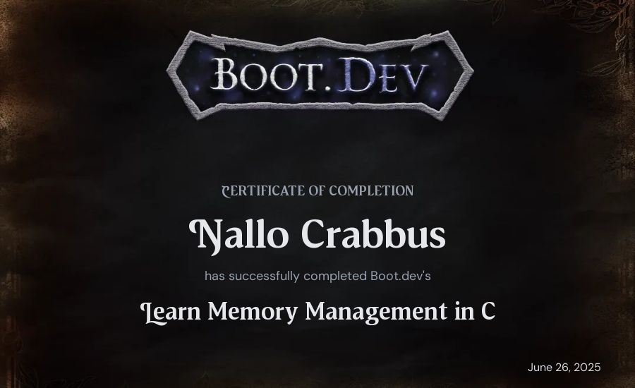 Nallo Crabbus's Boot.dev Learn Memory Management in C certificate