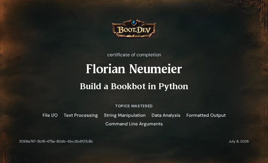 Florian Neumeier's Boot.dev Build a BookBot in Python certificate