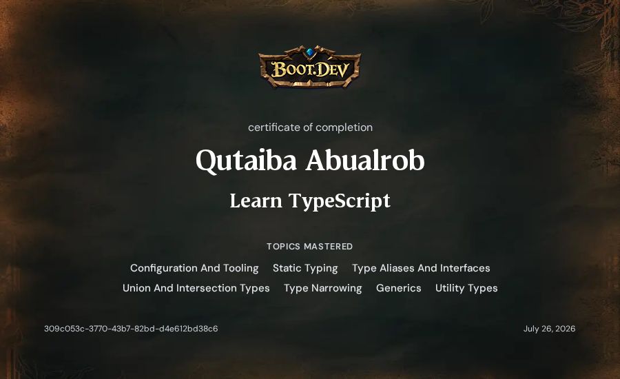 Qutaiba Abualrob's Boot.dev Learn TypeScript certificate