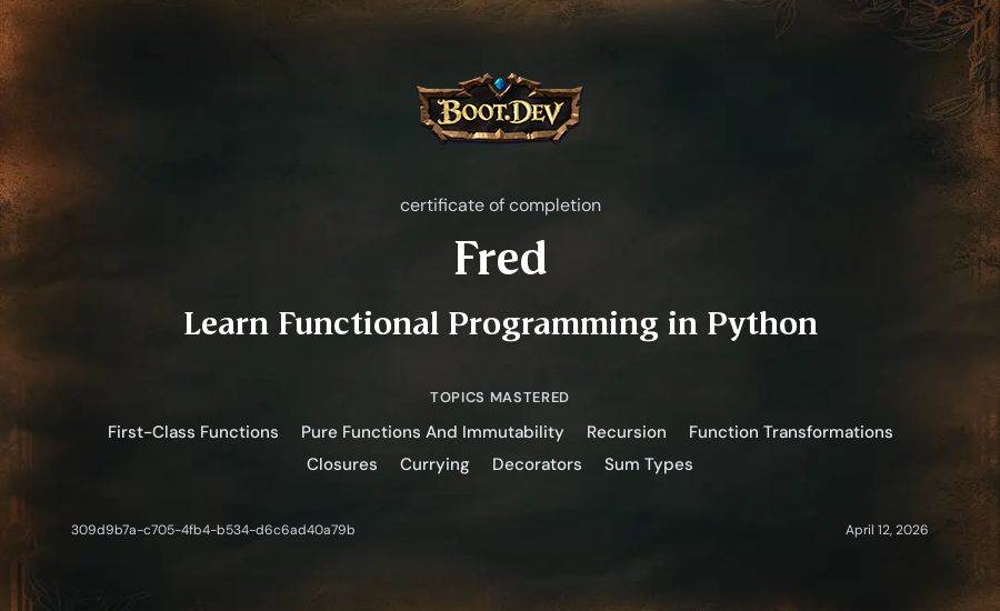 Fred's Boot.dev Learn Functional Programming in Python certificate