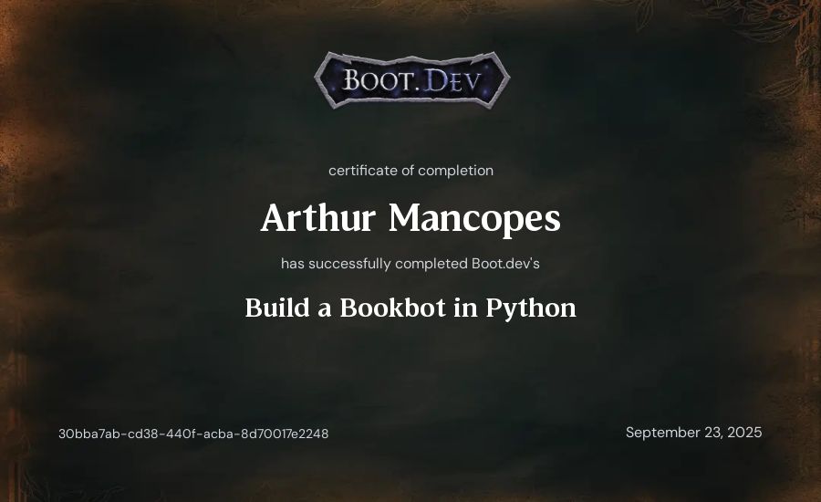Arthur Mancopes's Boot.dev Build a BookBot in Python certificate